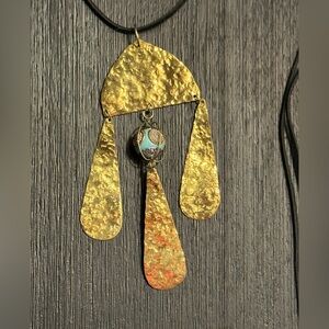Beaten Brass Gold Tempest 'Pluviam' Long Abstract Hammered Statement  necklace
